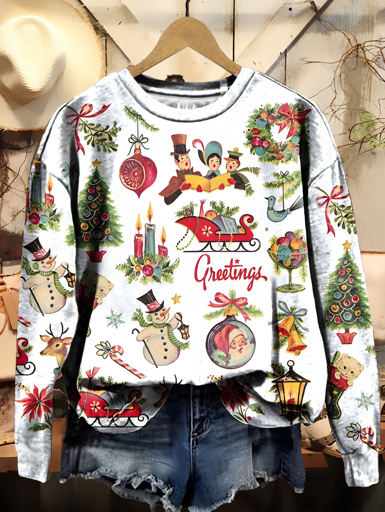 Casual Crew Neck Christmas Snowman Sweatshirt