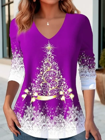 V Neck Long Sleeve Christmas Hot Drilling Regular Micro-Elasticity Loose Blouse For Women