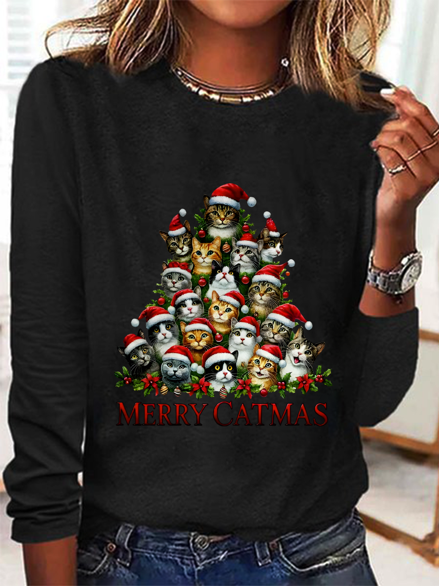 Crew Neck Long Sleeve Christmas Regular Medium Elasticity Loose Blouse For Women