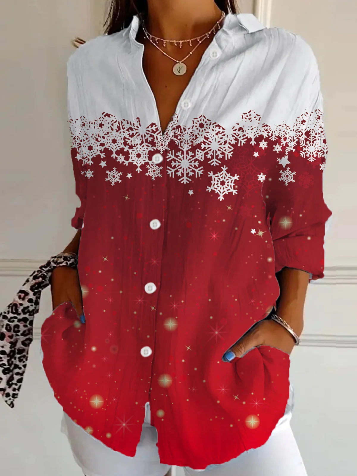 Shirt Collar Long Sleeve Christmas Regular Loose Shirt For Women