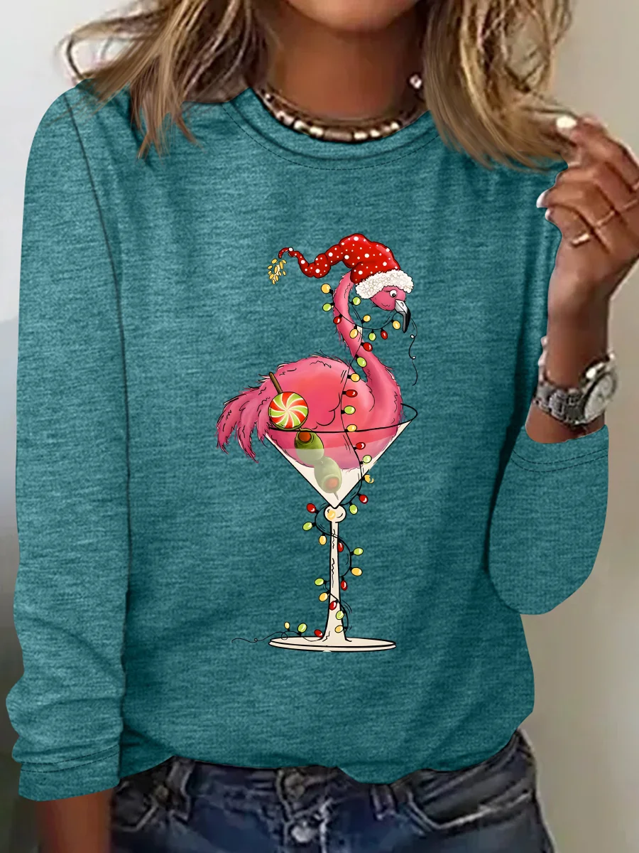 Crew Neck Long Sleeve Flamingo Regular Medium Elasticity Loose Blouse For Women