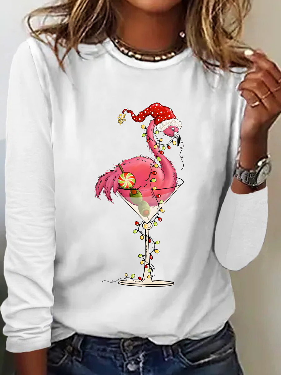 Crew Neck Long Sleeve Flamingo Regular Medium Elasticity Loose Blouse For Women