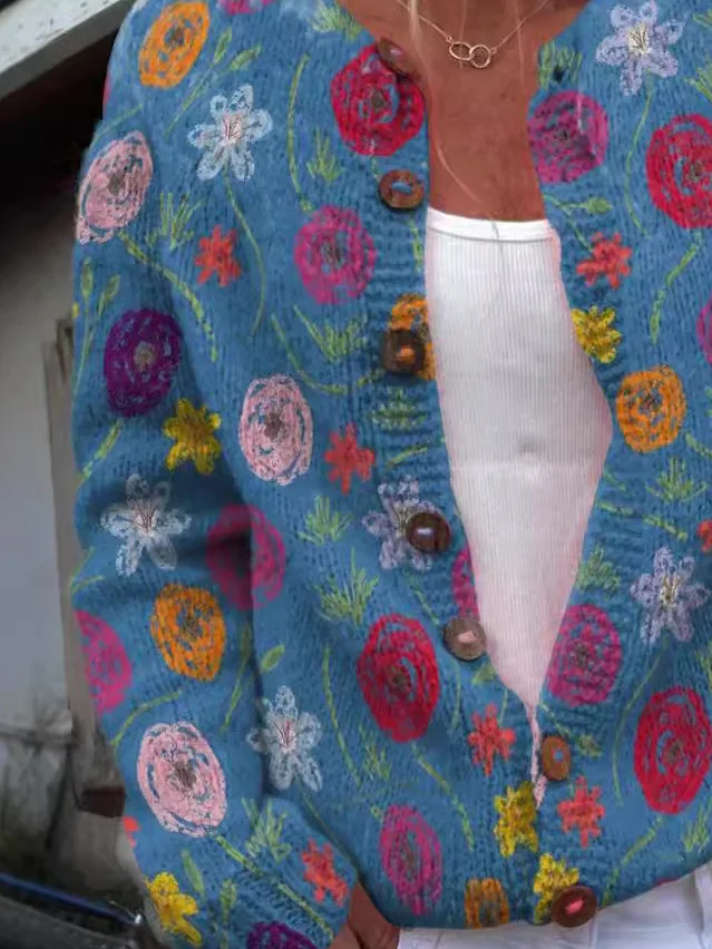 Women Knitted 3D Printing Long Sleeve Comfy Vintage Cardigan