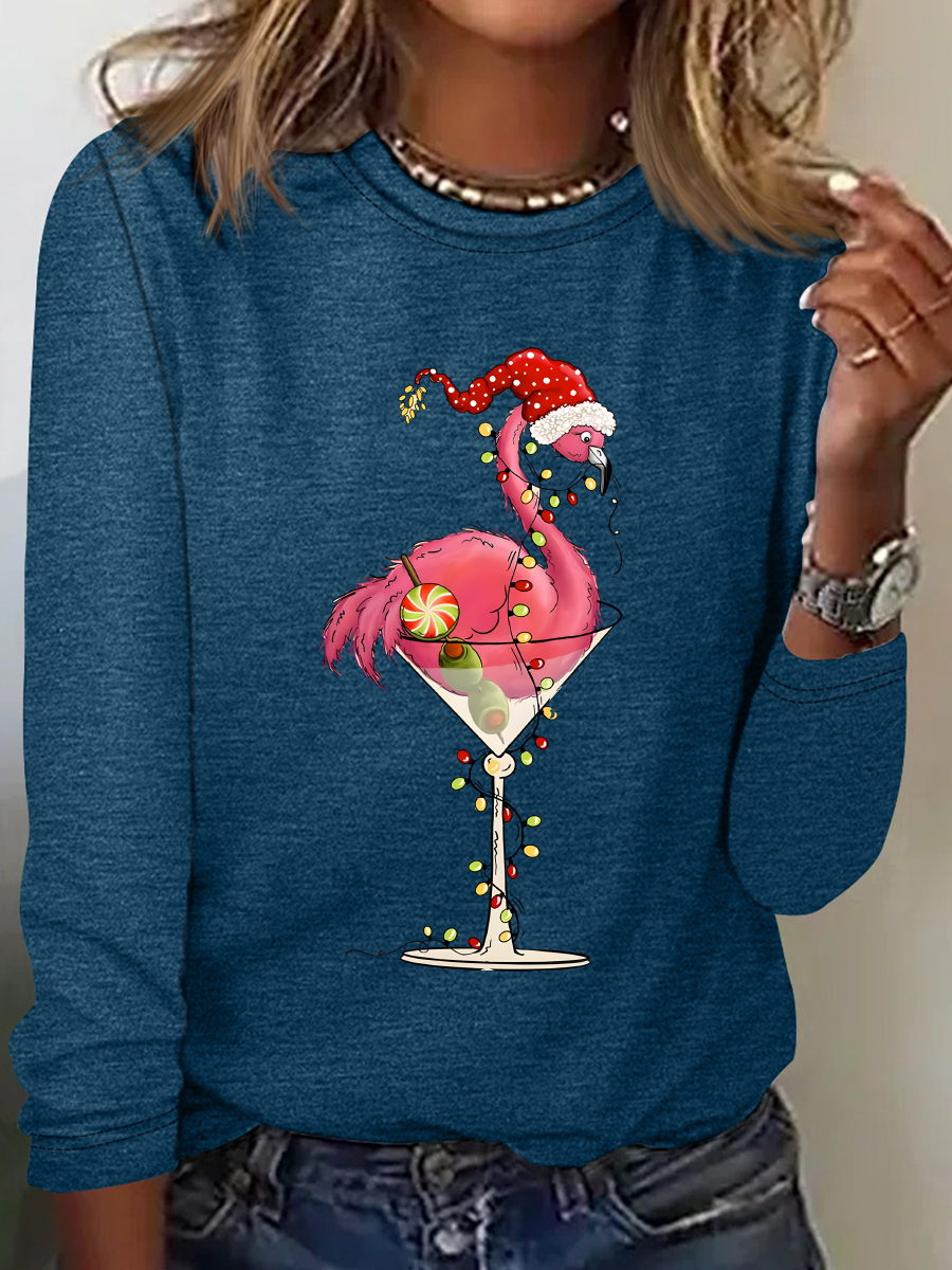 Crew Neck Long Sleeve Flamingo Regular Medium Elasticity Loose Blouse For Women