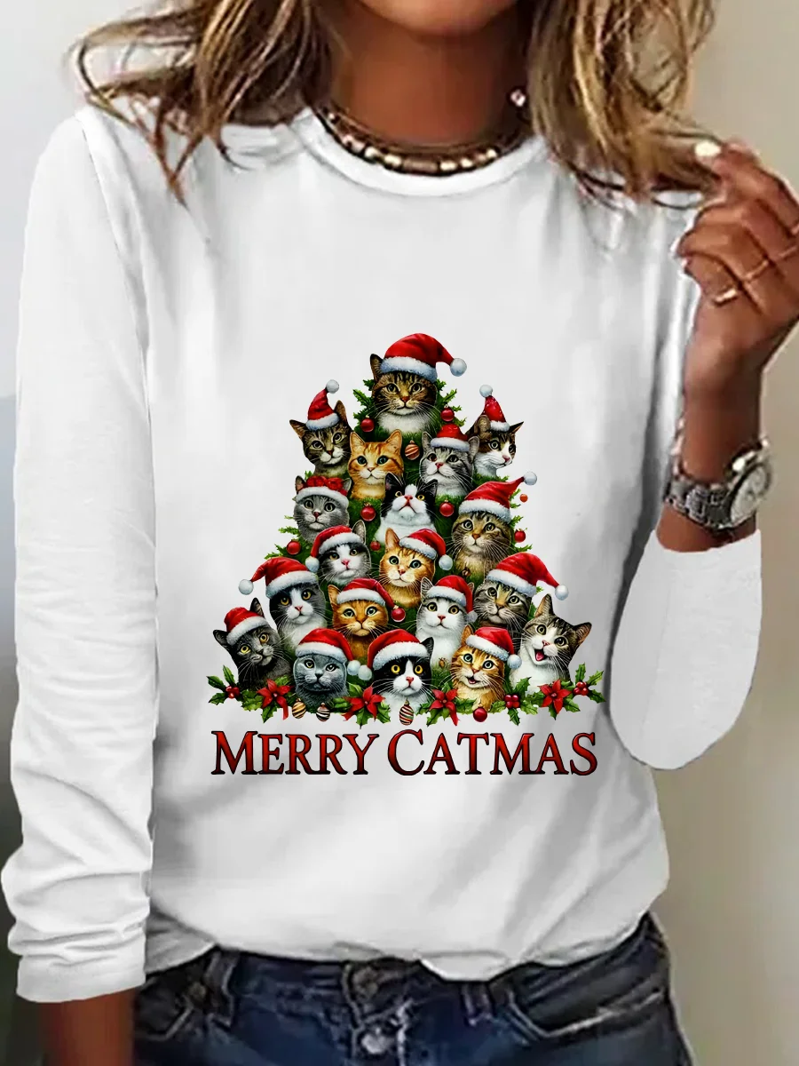 Crew Neck Long Sleeve Christmas Regular Medium Elasticity Loose Blouse For Women
