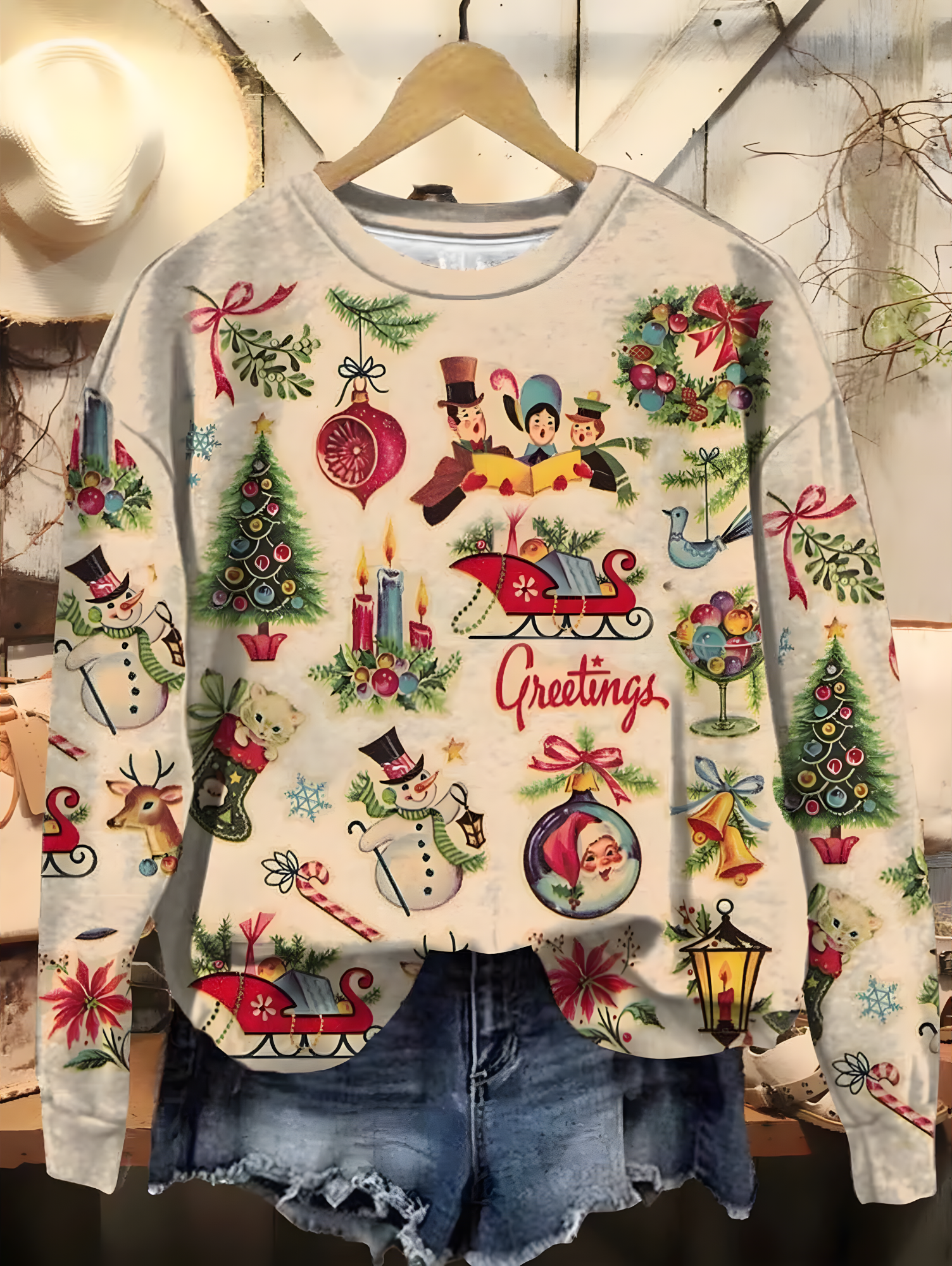 Casual Crew Neck Christmas Snowman Sweatshirt