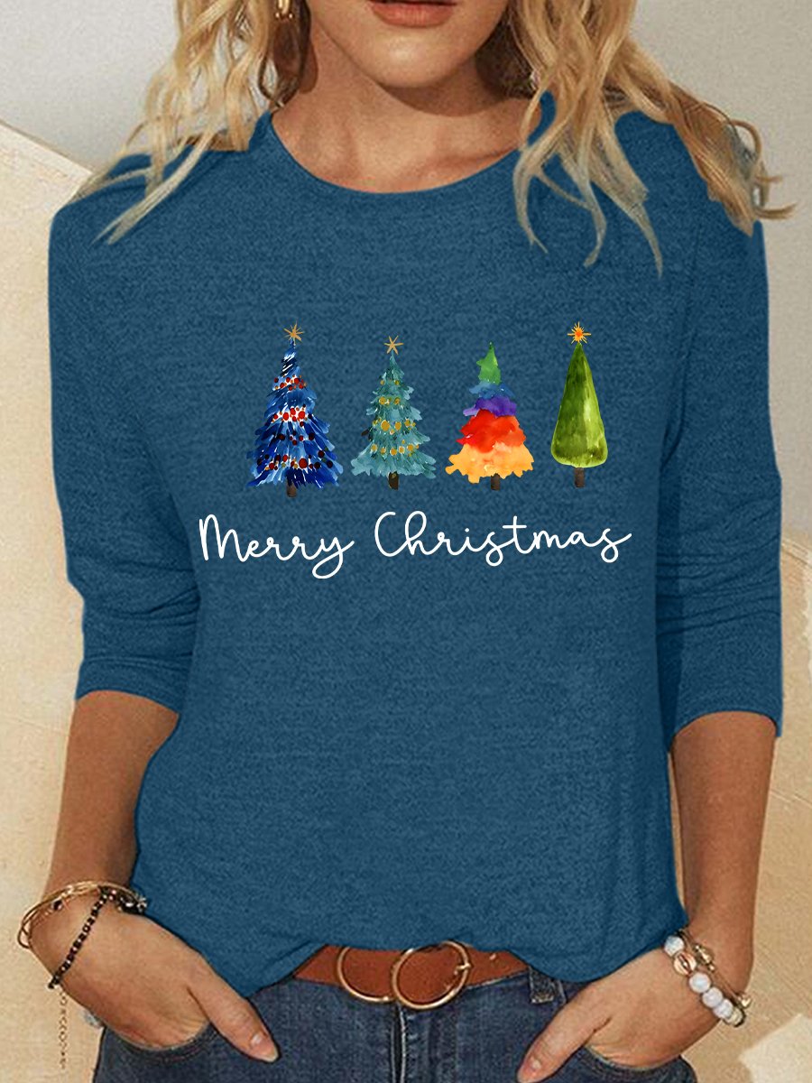 Crew Neck Long Sleeve Christmas Tree Regular Medium Elasticity Loose Blouse For Women