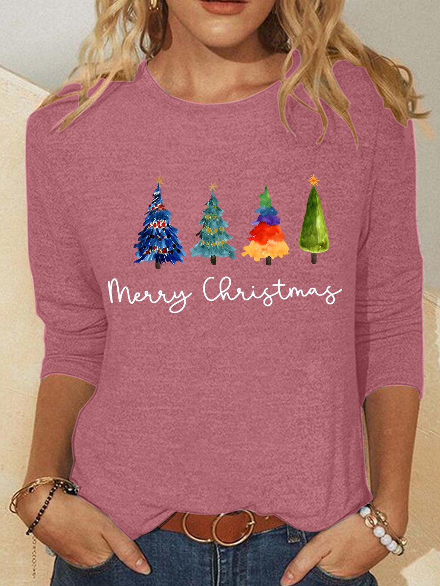 Crew Neck Long Sleeve Christmas Tree Regular Medium Elasticity Loose Blouse For Women