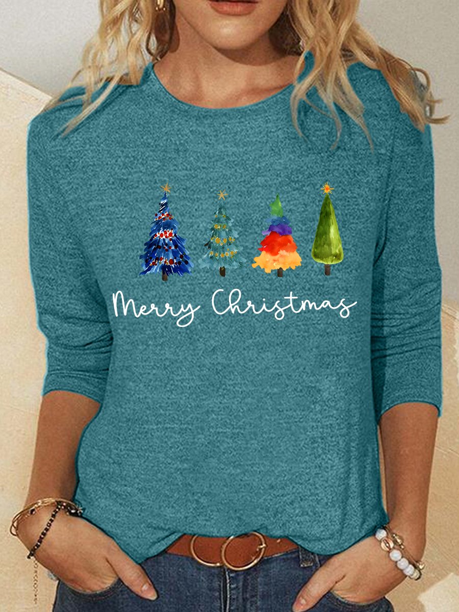 Crew Neck Long Sleeve Christmas Tree Regular Medium Elasticity Loose Blouse For Women