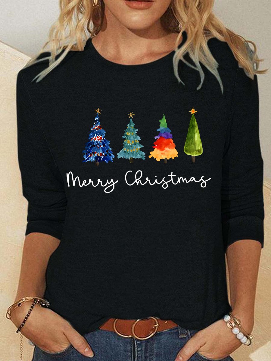 Crew Neck Long Sleeve Christmas Tree Regular Medium Elasticity Loose Blouse For Women