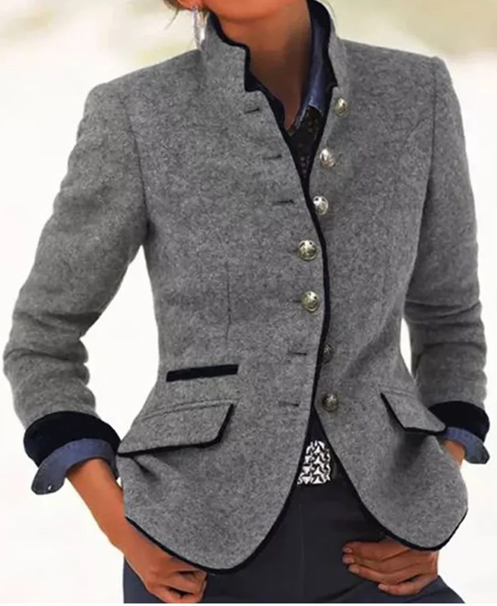 Women Spring/Fall Outerwear Vintage Plain Long Sleeve Mock Neck Jacket