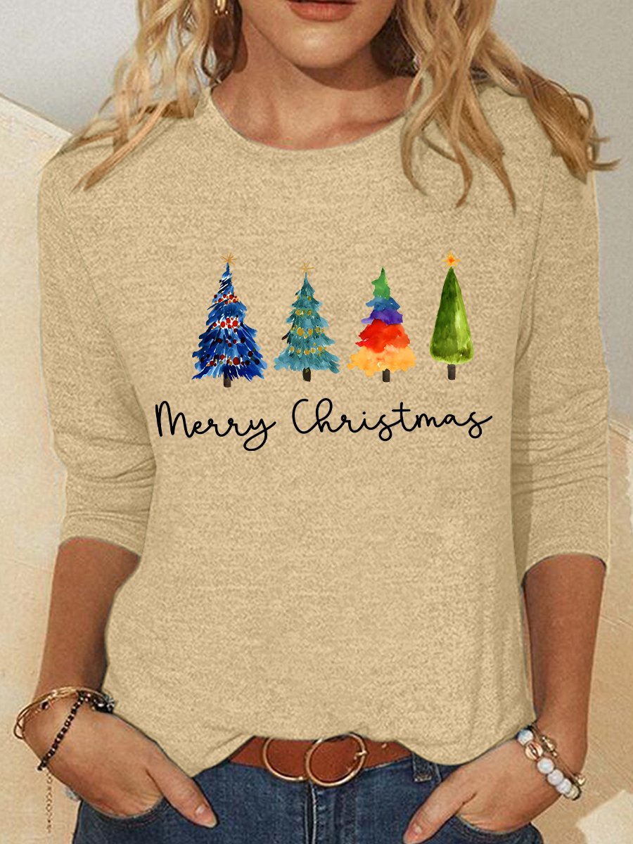 Crew Neck Long Sleeve Christmas Tree Regular Medium Elasticity Loose Blouse For Women