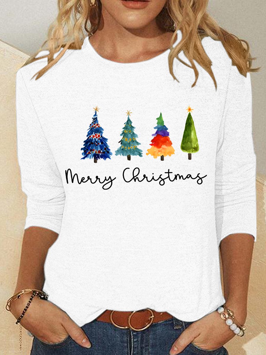 Crew Neck Long Sleeve Christmas Tree Regular Medium Elasticity Loose Blouse For Women