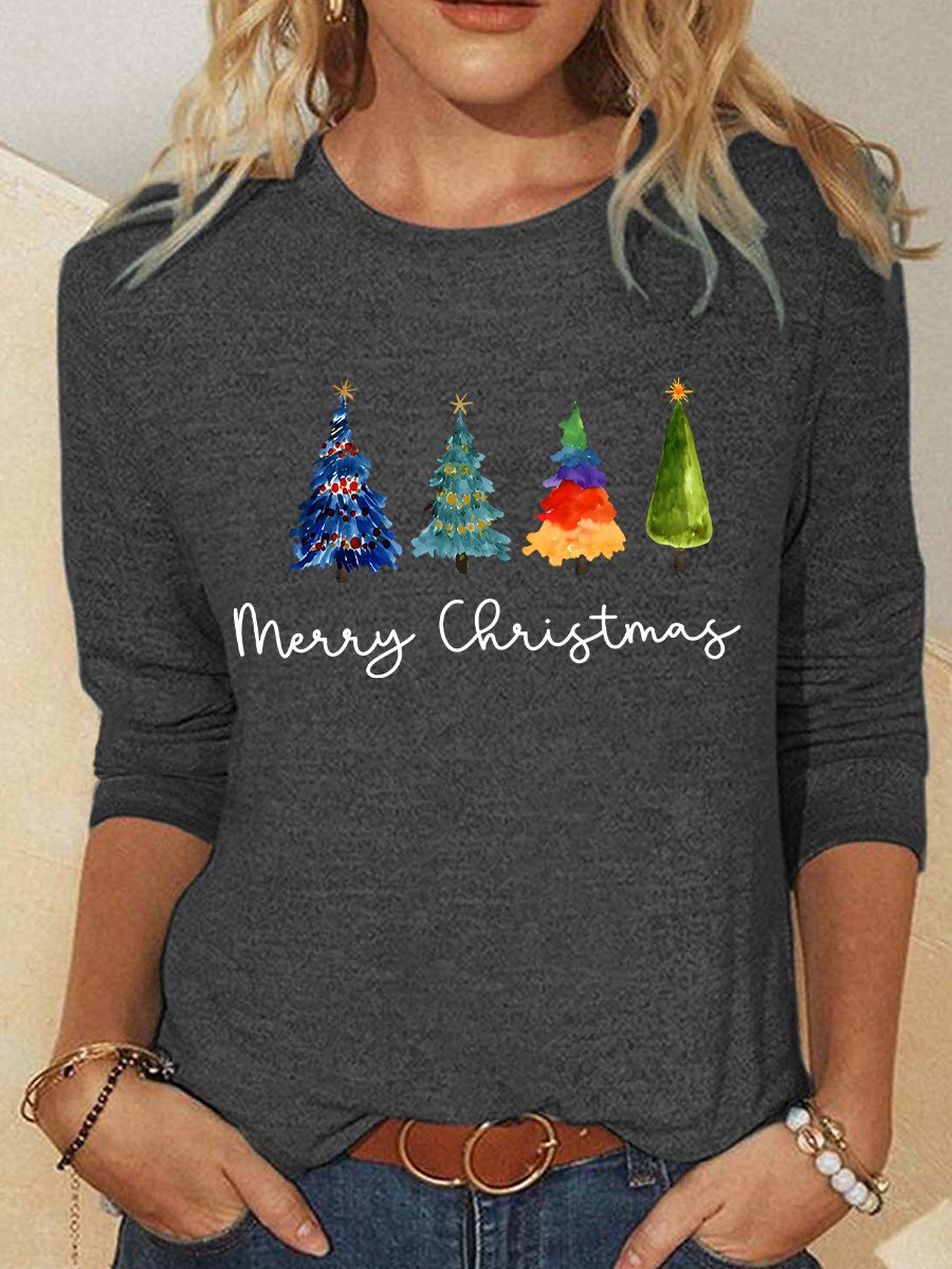 Crew Neck Long Sleeve Christmas Tree Regular Medium Elasticity Loose Blouse For Women