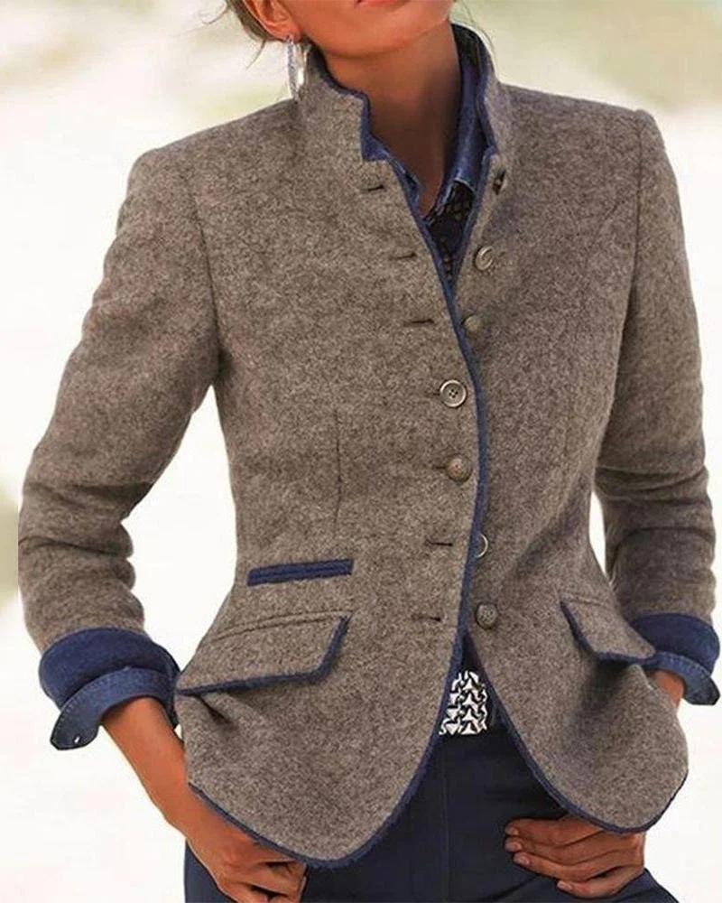 Women Spring/Fall Outerwear Vintage Plain Long Sleeve Mock Neck Jacket