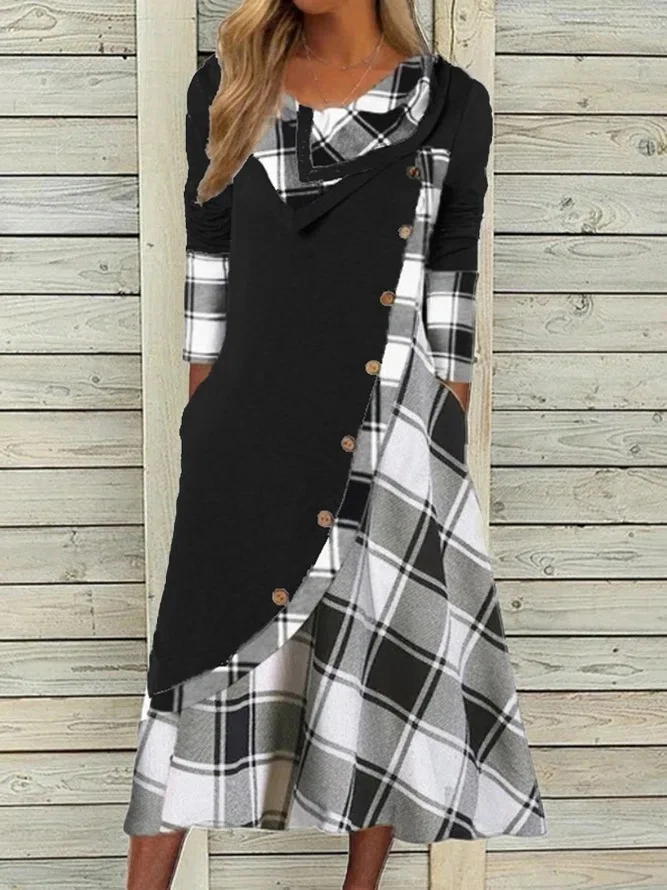 Women Plaid Long Sleeve Comfy Casual Maxi Dress