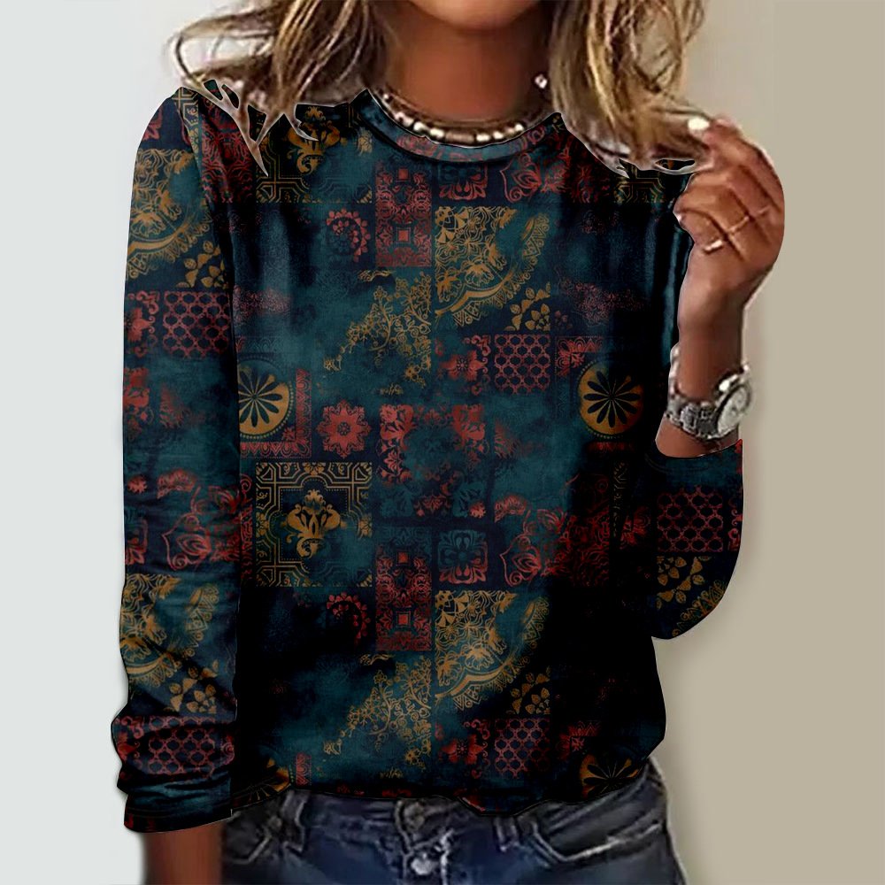 Casual Ethnic Crew Neck Long Sleeve T-shirt