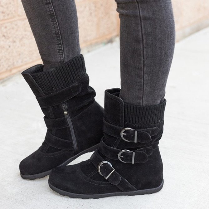 Vintage Plain Zipper Flat Heel Classic Boots