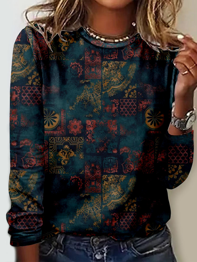 Casual Ethnic Crew Neck Long Sleeve T-shirt