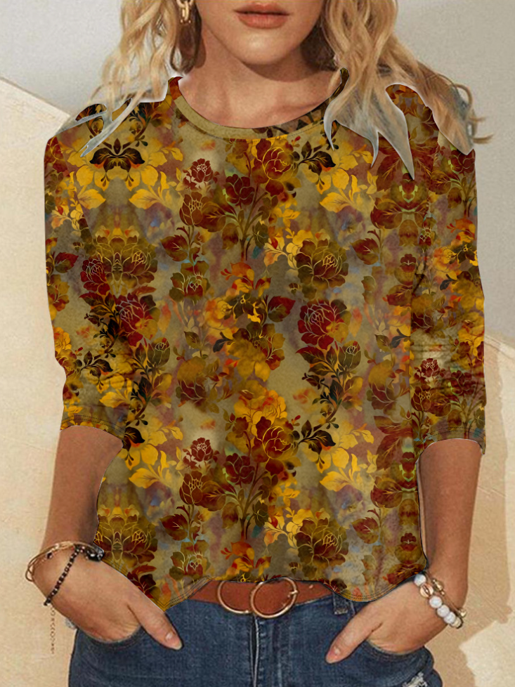 Casual Floral Crew Neck Long Sleeve T-shirt