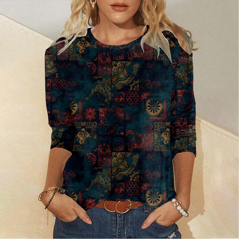 Casual Ethnic Crew Neck Long Sleeve T-shirt