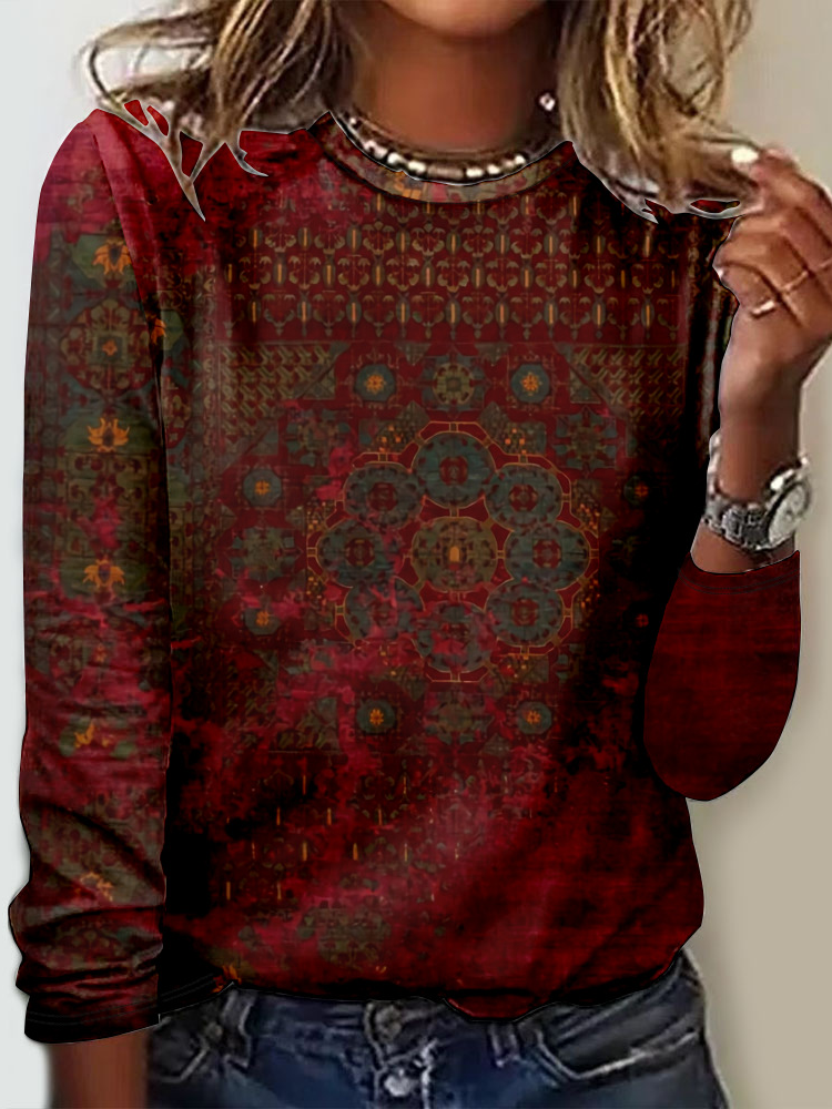 Casual Ethnic Crew Neck Long Sleeve T-shirt