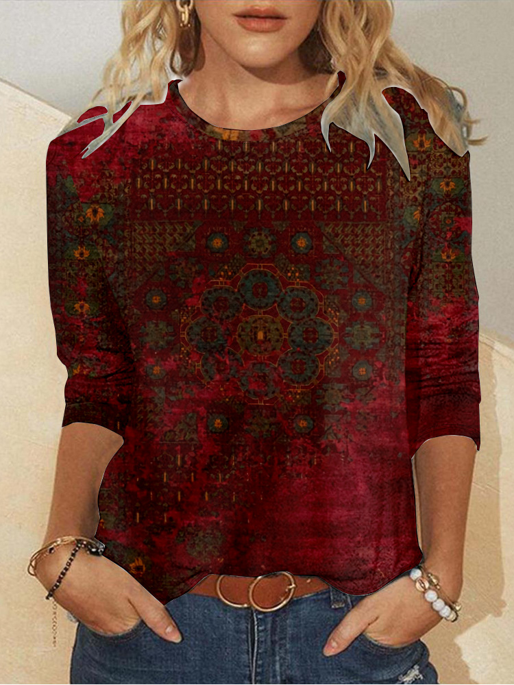 Casual Ethnic Crew Neck Long Sleeve T-shirt