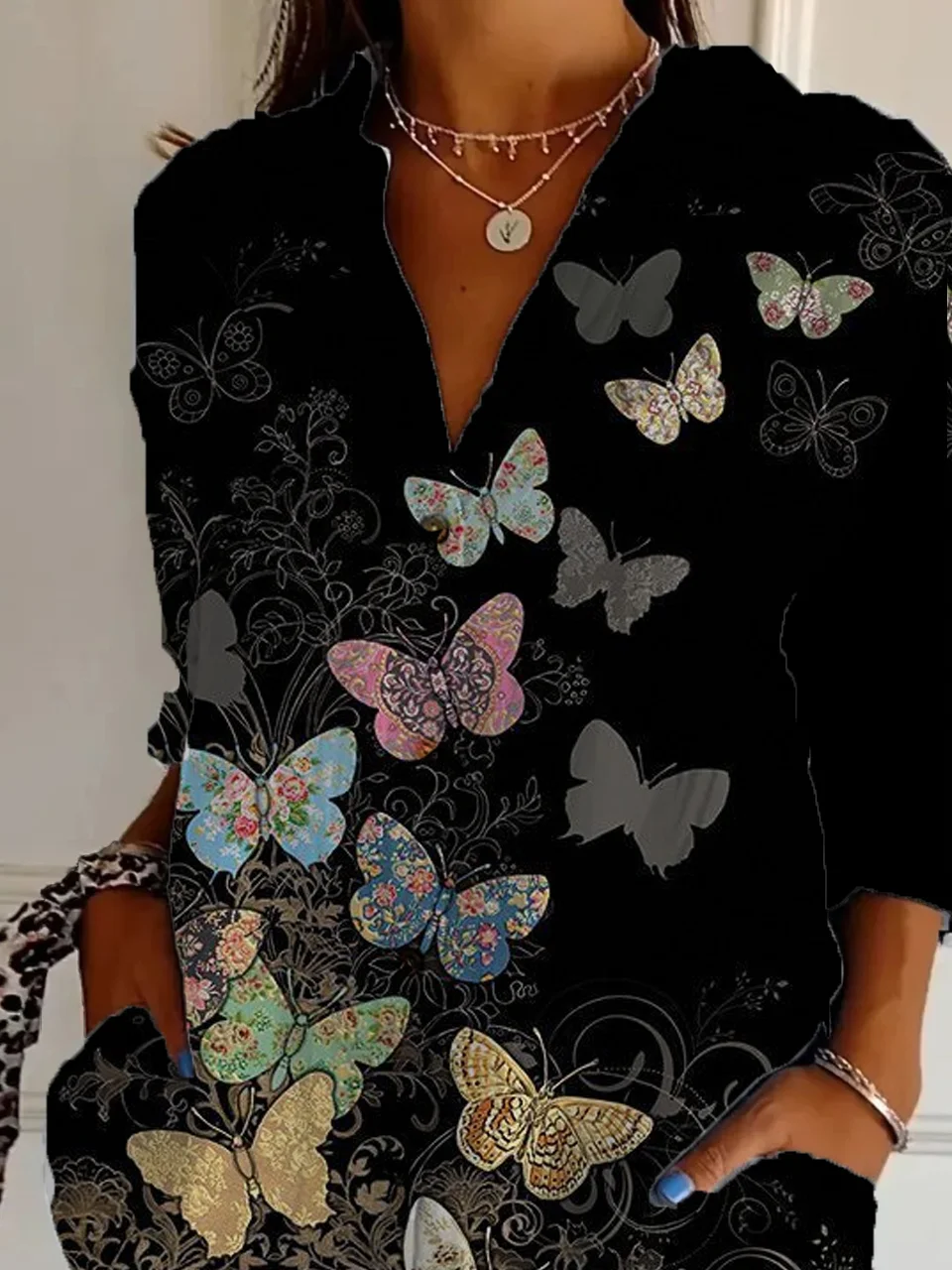 Shirt Collar Long Sleeve Butterfly Regular Loose Shirt For Women