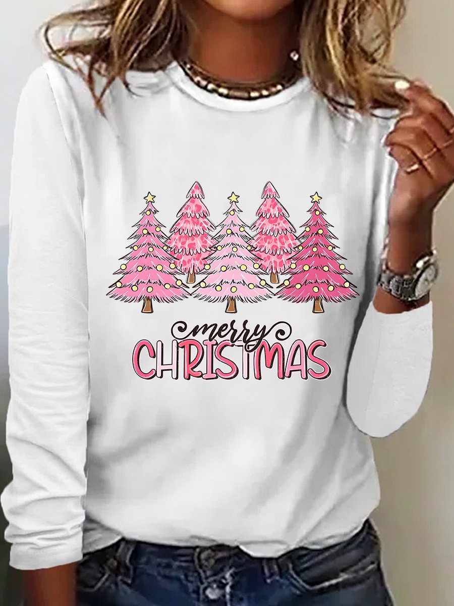 Crew Neck Long Sleeve Christmas Regular Medium Elasticity Loose Blouse For Women