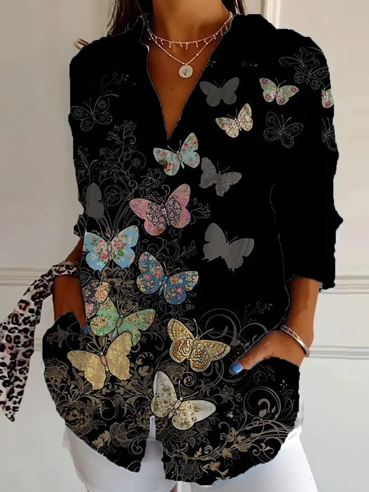 Shirt Collar Long Sleeve Butterfly Regular Loose Shirt For Women