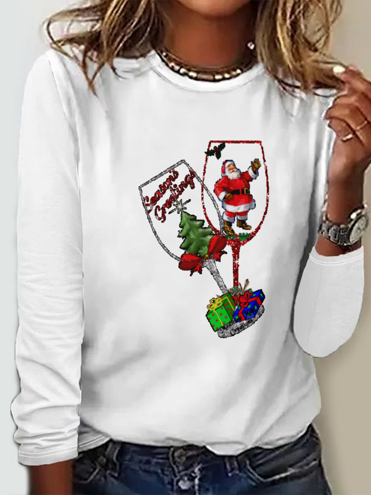 Casual Christmas Wine Glass Crew Neck Long Sleeve T-shirt