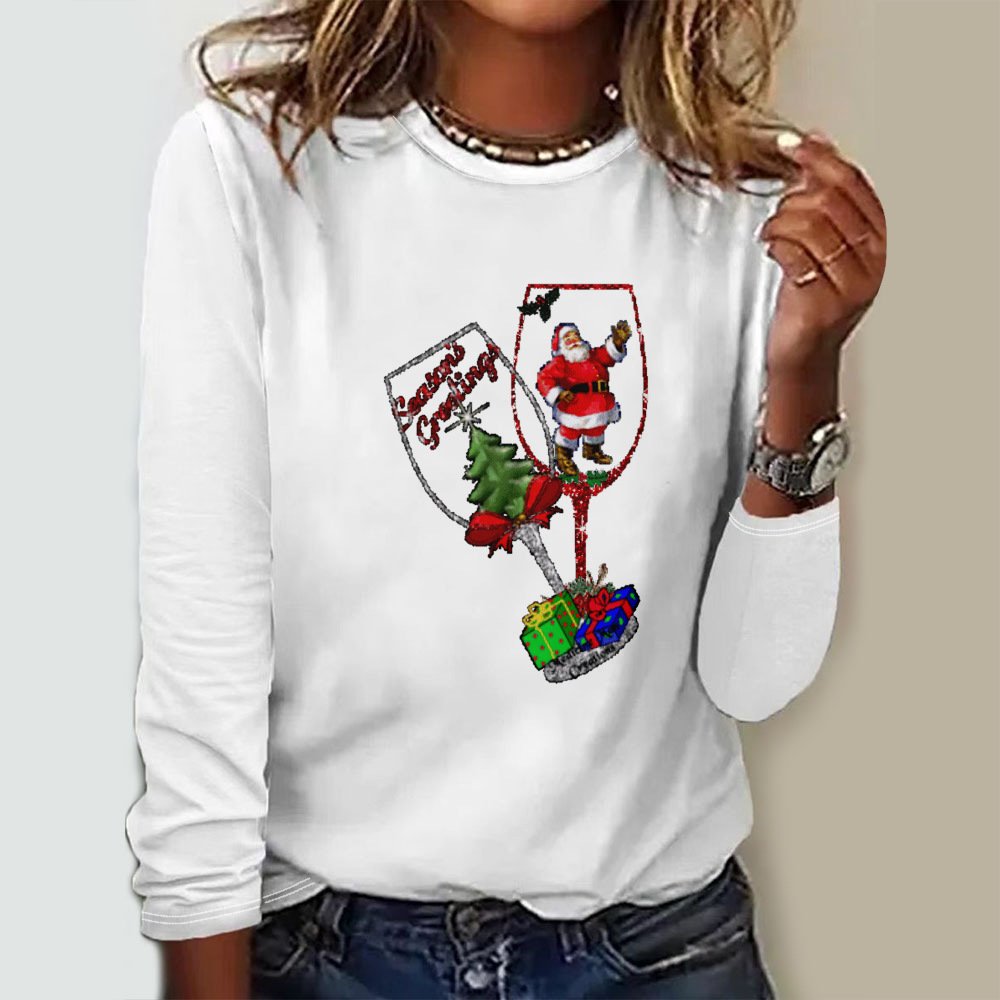 Casual Christmas Wine Glass Crew Neck Long Sleeve T-shirt