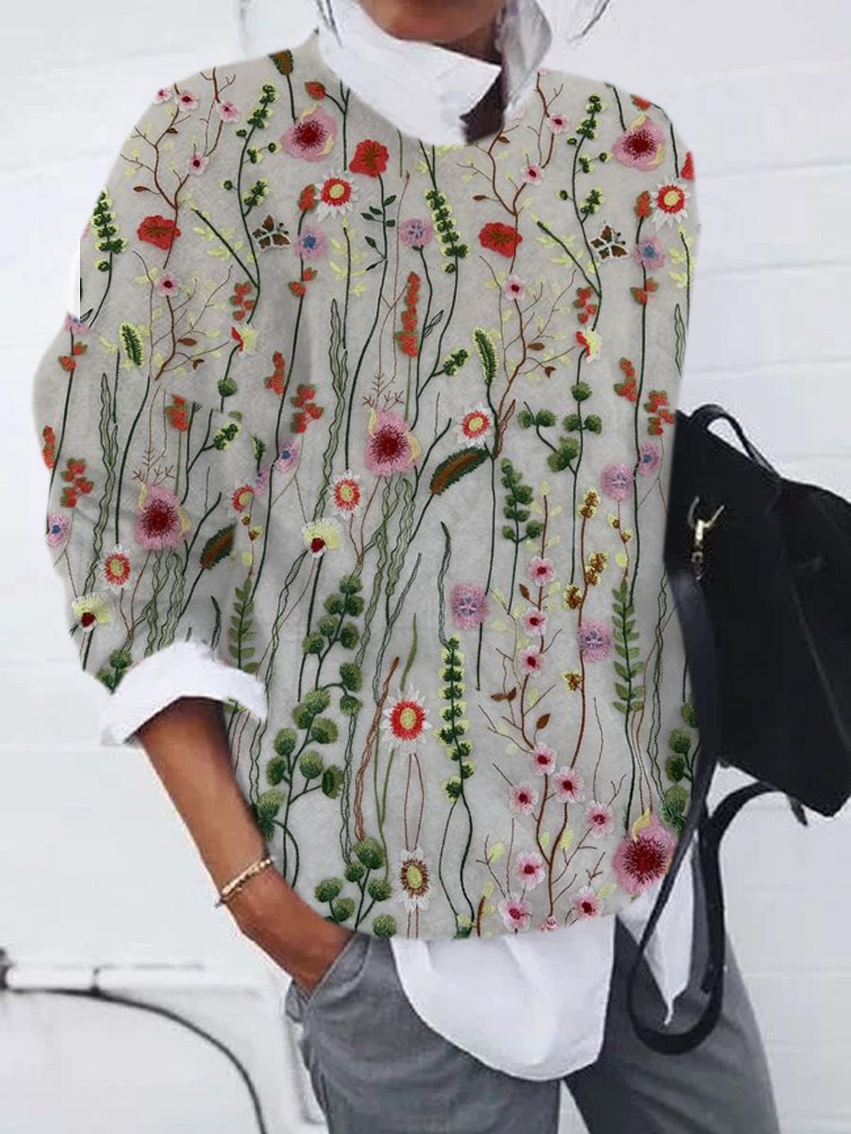 Casual Crew Neck Floral Sweatshirt Zipper