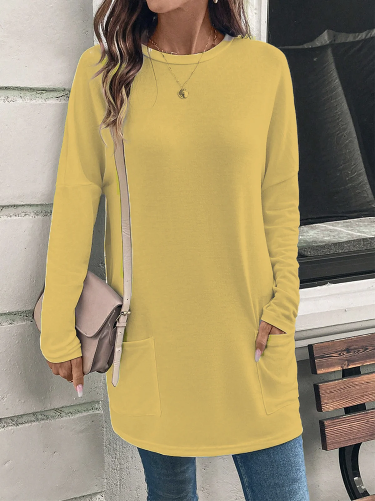 Crew Neck Long Sleeve Plain Regular Micro-Elasticity Loose Blouse For Women