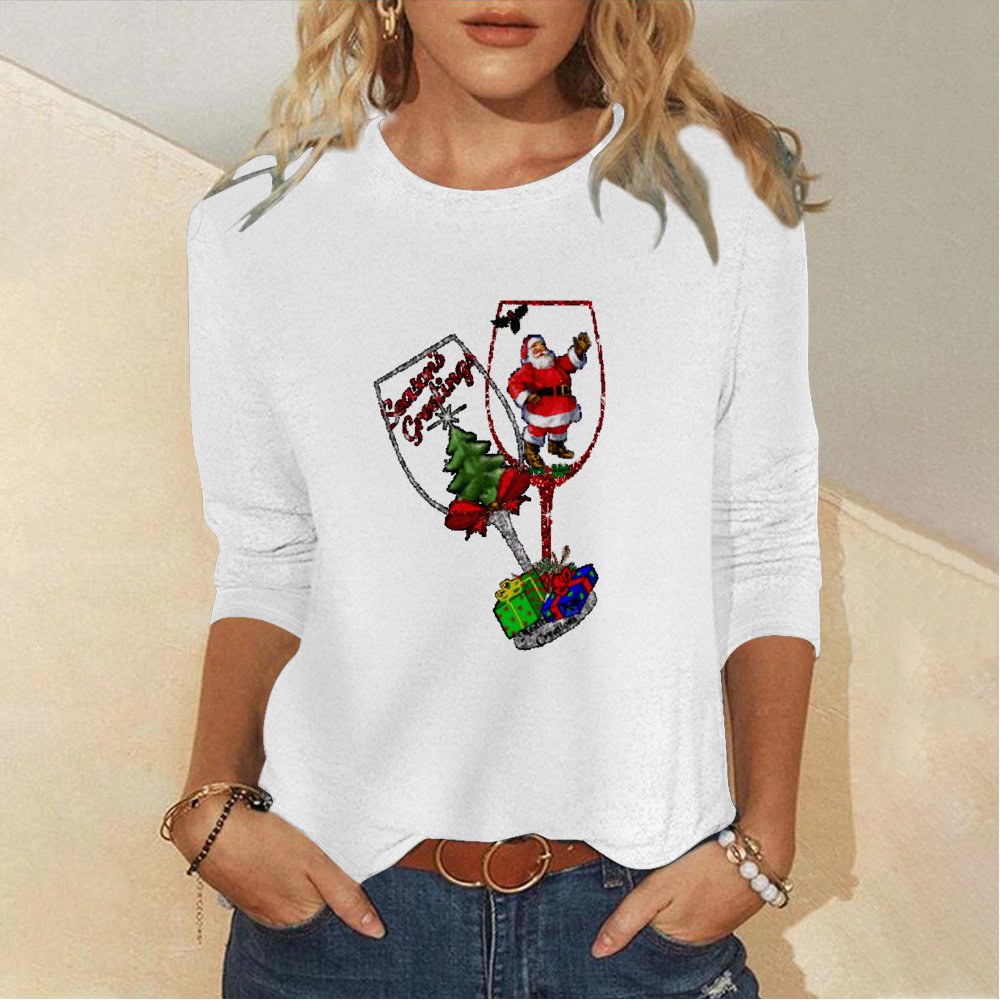 Casual Christmas Wine Glass Crew Neck Long Sleeve T-shirt