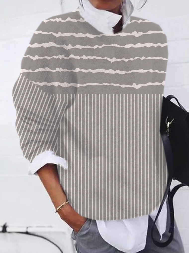 Casual Crew Neck Striped Sweatshirt Zipper