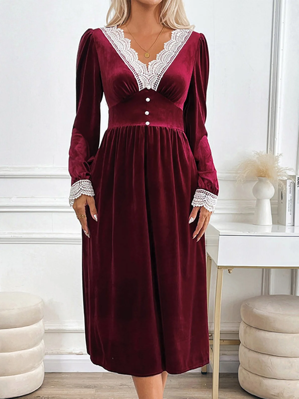 Women Plain V Neck Long Sleeve Comfy Casual Lace Maxi Dress