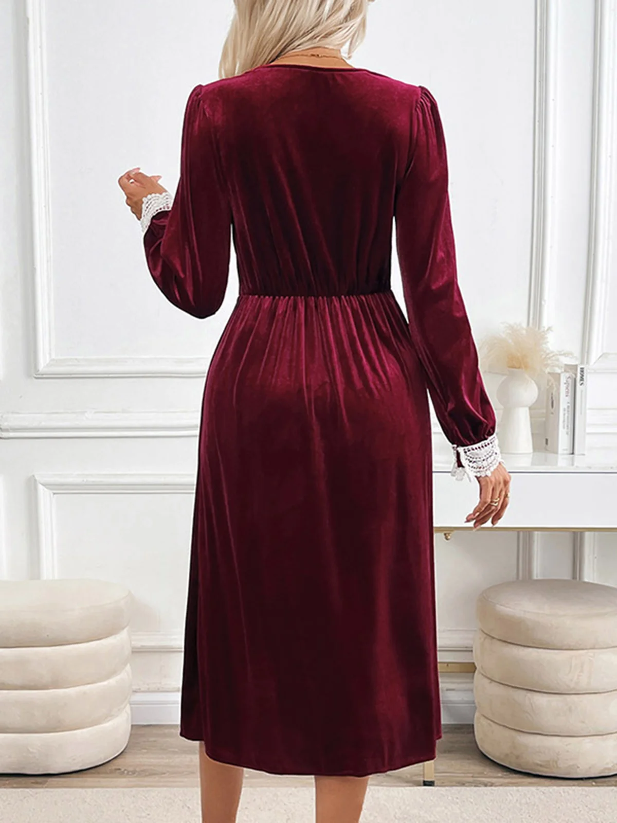 Women Plain V Neck Long Sleeve Comfy Casual Lace Maxi Dress