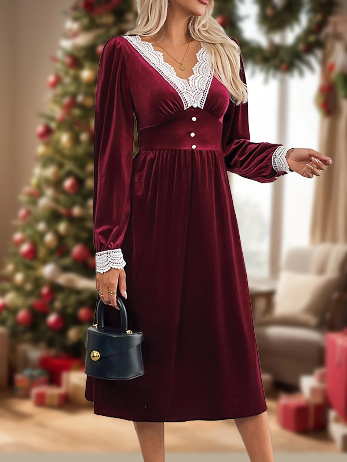 Women Plain V Neck Long Sleeve Comfy Casual Lace Maxi Dress