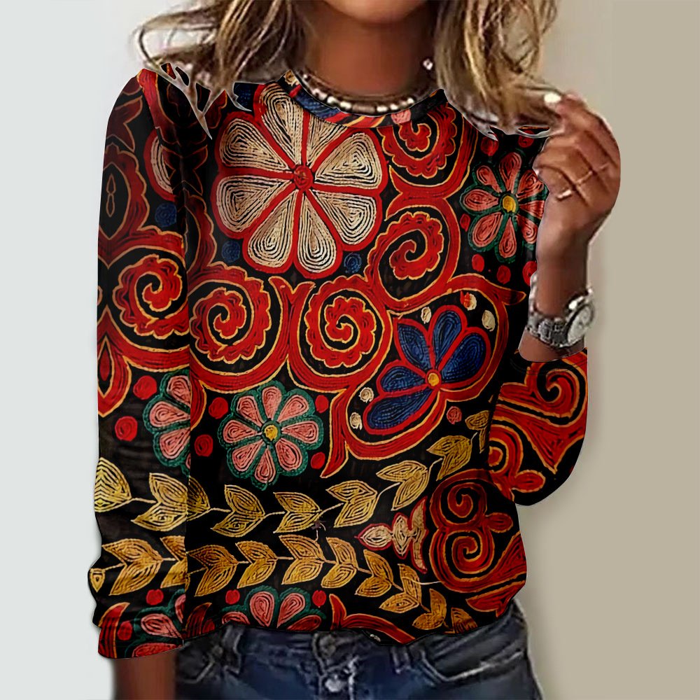 Casual Ethnic Crew Neck Long Sleeve T-shirt