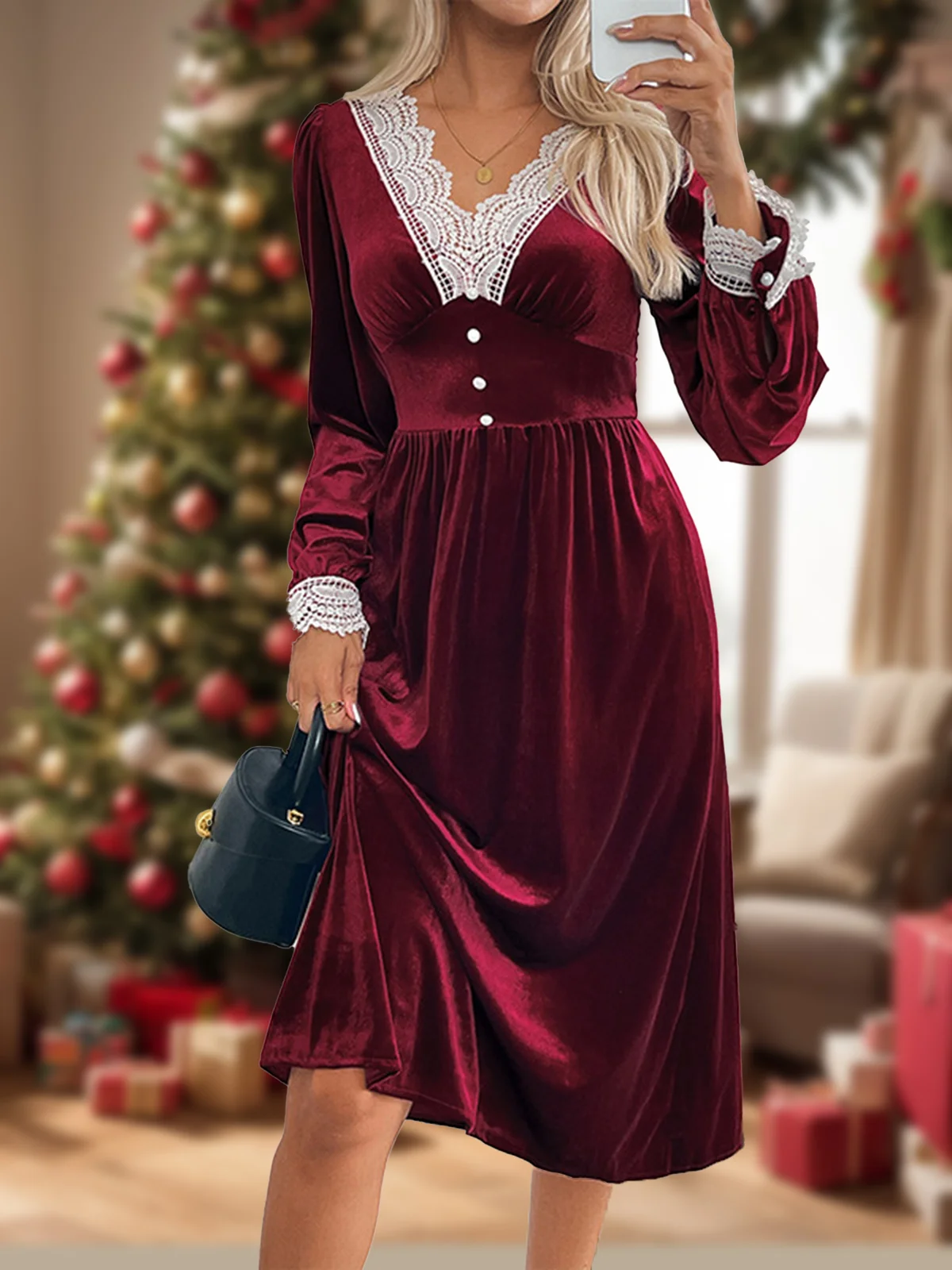 Women Plain V Neck Long Sleeve Comfy Casual Lace Maxi Dress