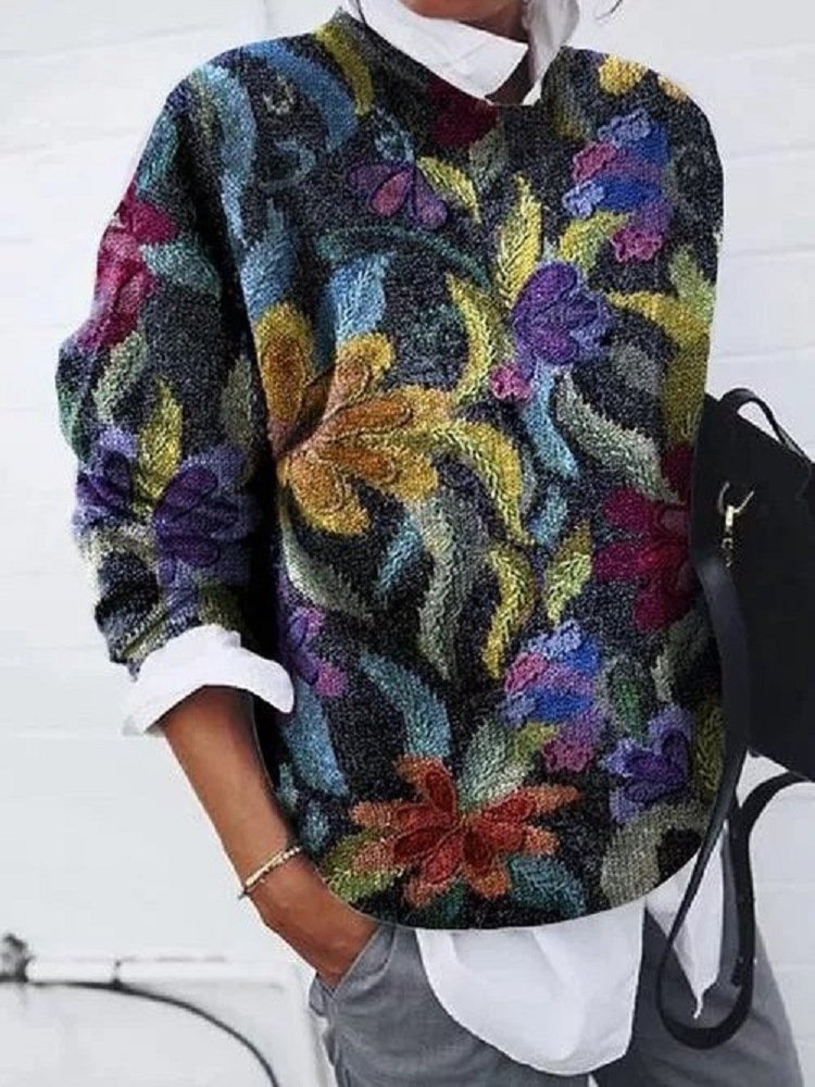 Casual Crew Neck Floral Sweatshirt Zipper