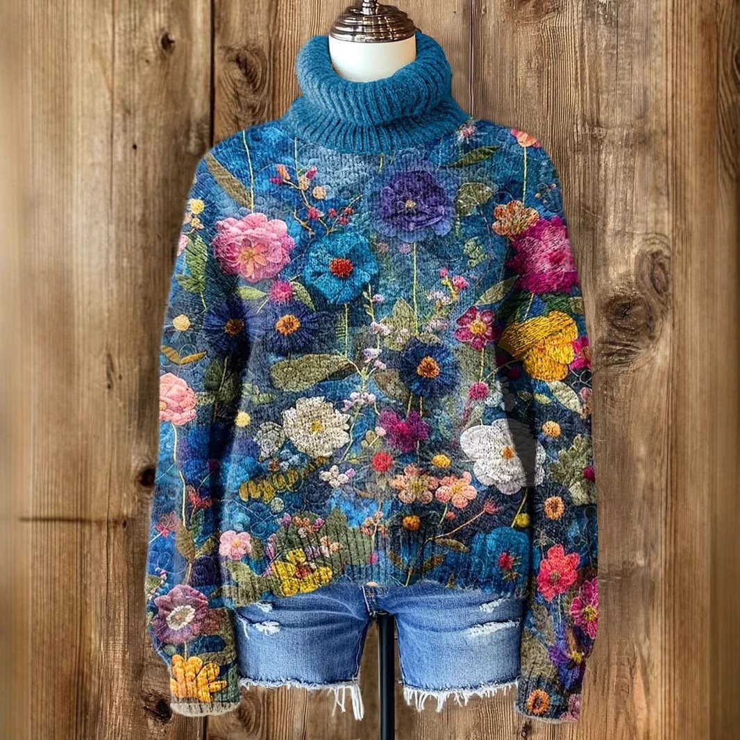 Casual Turtleneck Floral Sweatshirt