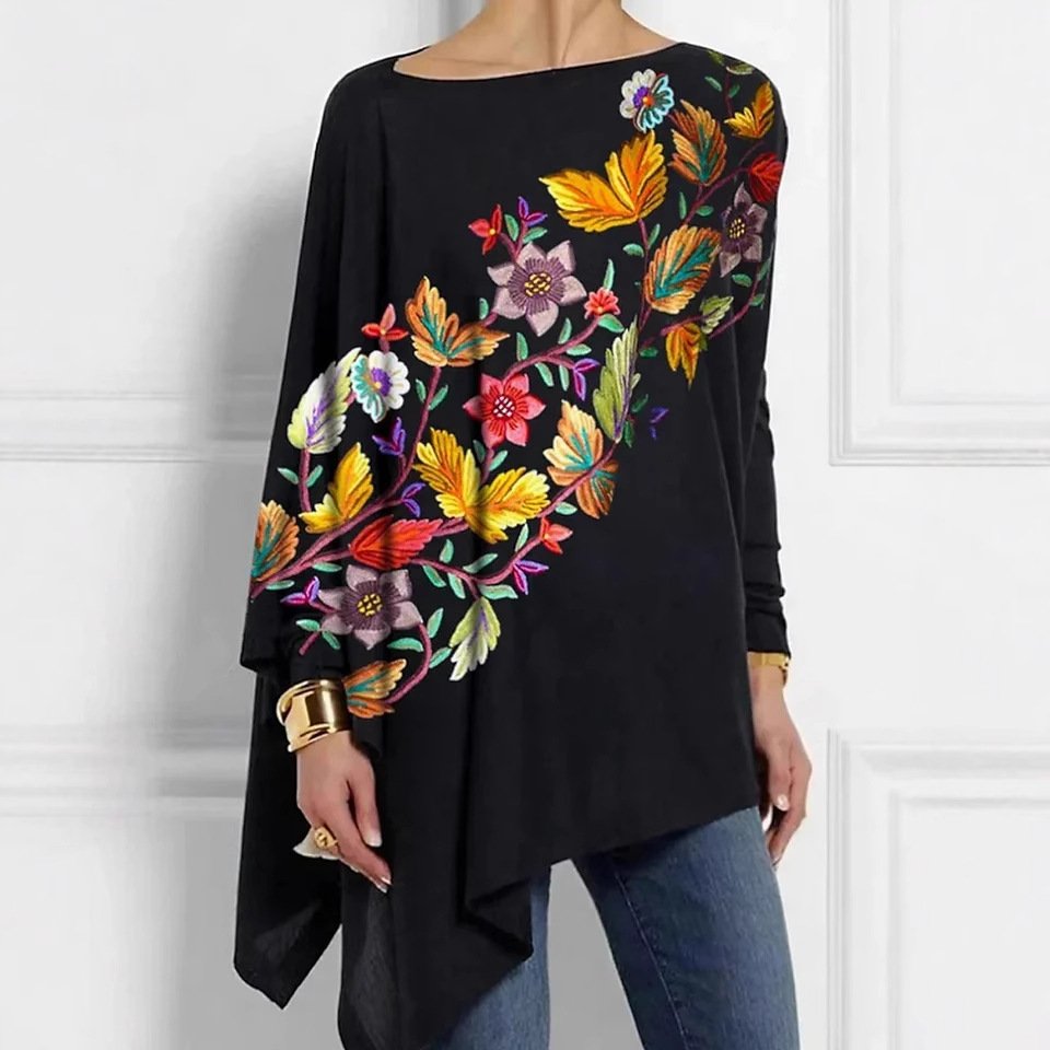 Crew Neck Long Sleeve Floral Regular Micro-Elasticity Loose Blouse For Women