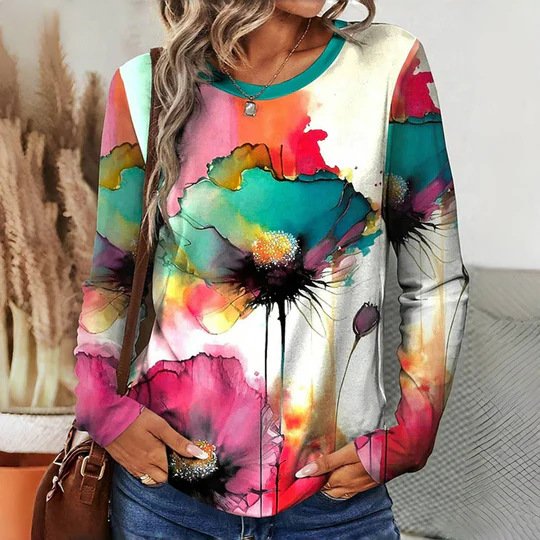 Casual Floral Crew Neck Long Sleeve T-shirt