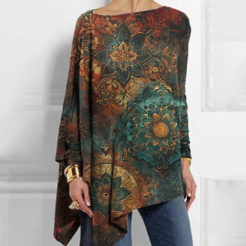 Crew Neck Long Sleeve Ethnic Regular Micro-Elasticity Loose Blouse For Women