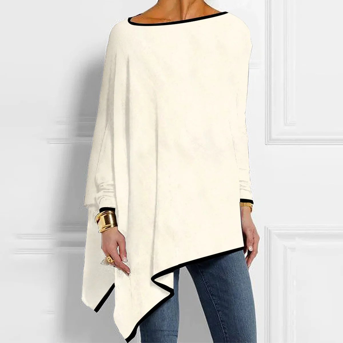 Crew Neck Long Sleeve Geometric Regular Micro-Elasticity Loose Blouse For Women