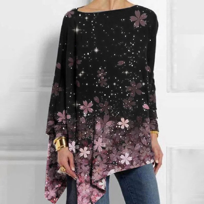 Crew Neck Long Sleeve Floral Regular Micro-Elasticity Loose Blouse For Women