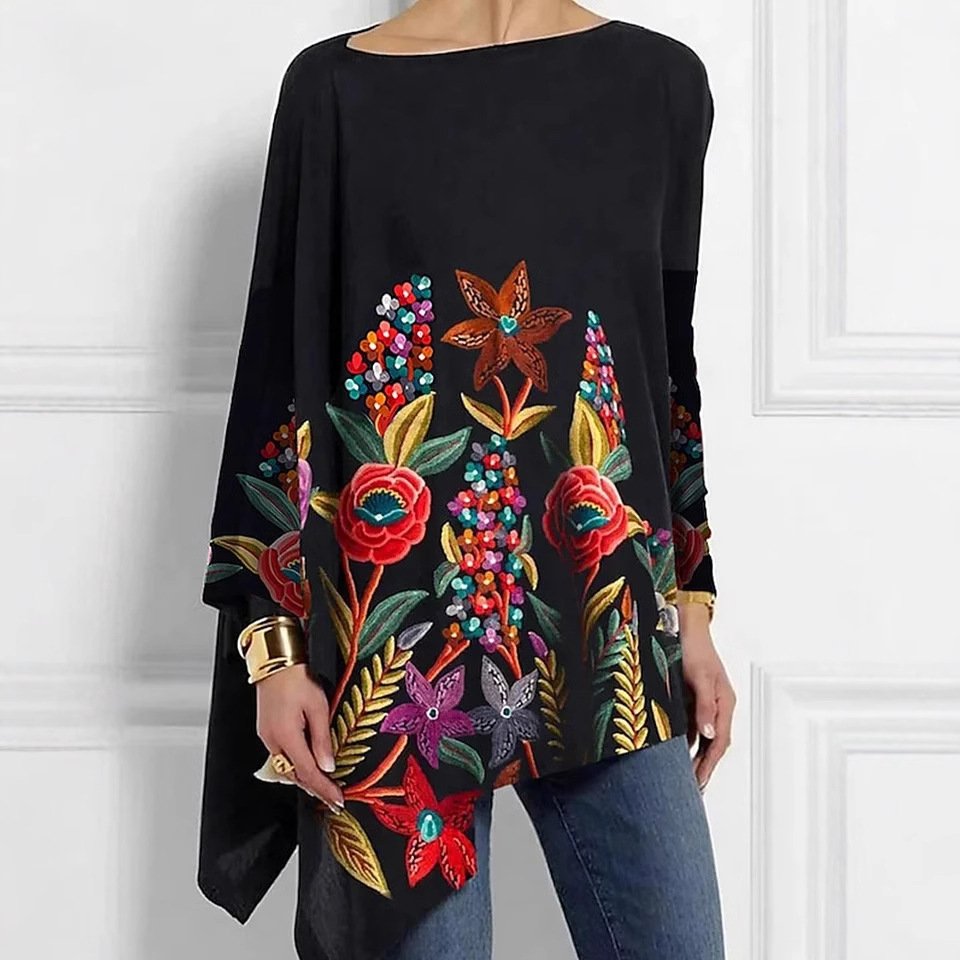 Crew Neck Long Sleeve Floral Regular Micro-Elasticity Loose Blouse For Women