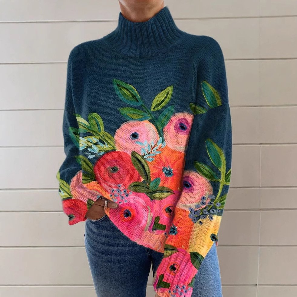 Casual Turtleneck Floral Sweatshirt